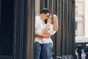 Loving couple walks in Chicago